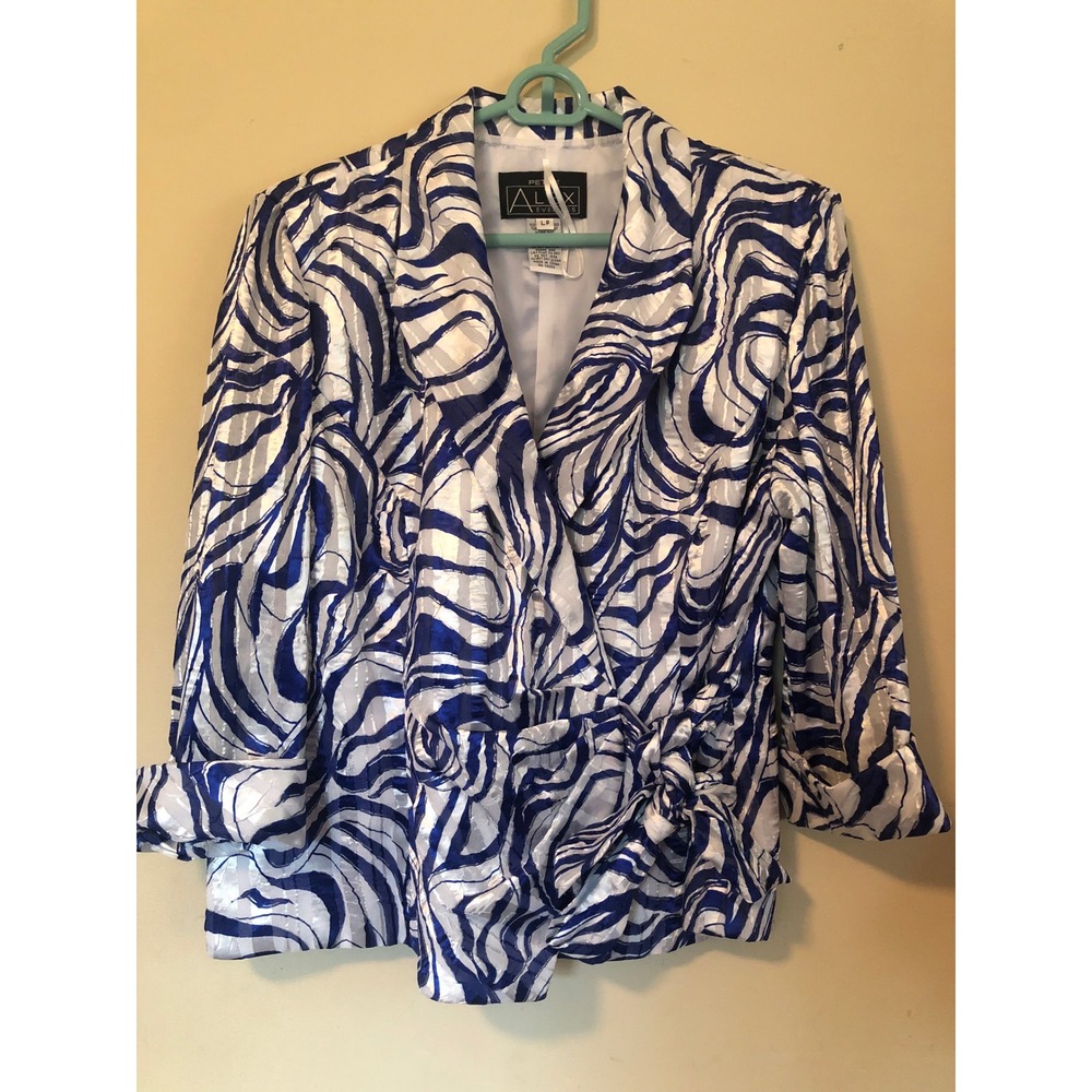 Vtg Alex Evenings Blue White Swirl Metallic Wrap Chic Blazer Jacket Petite L